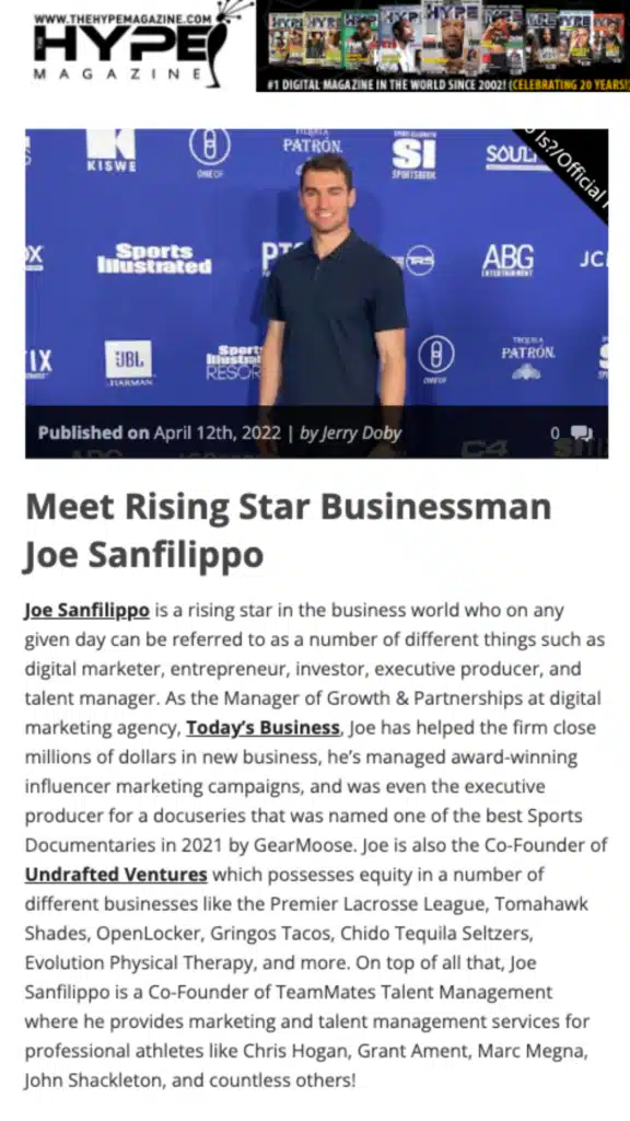 Joe Sanfilippo was featured by Hype Magazine as a rising star in the business world