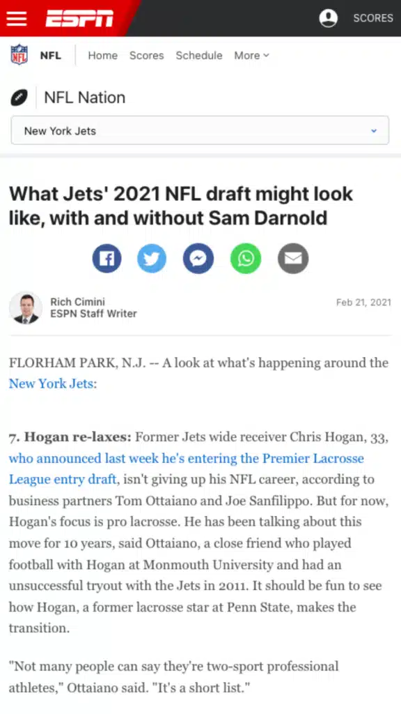 Joe Sanfilippo was featured in ESPN's article about Chris Hogan joining the Premier Lacrosse League