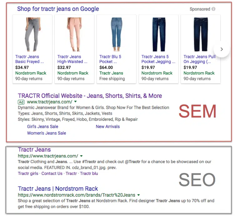 Showing the difference between SEO and SEM on Google